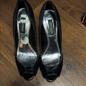 White House Black Market Black Satin Peep-Toe Heels